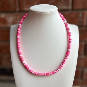 Handmade Pink and White Clay Beaded Necklace
